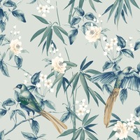 Oriental Floral Birds Wallpaper Grey / Blue Arthouse 924500